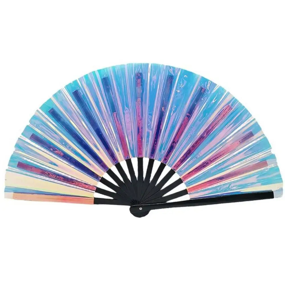 Gradient laser color kung fu hand fan in blue, pink shades, made of PVC and bamboo, perfect for dance and disco events.