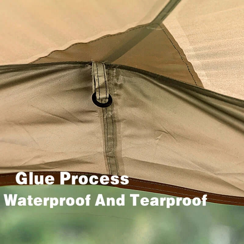 Dome tent showing waterproof and tearproof seam with glue process.