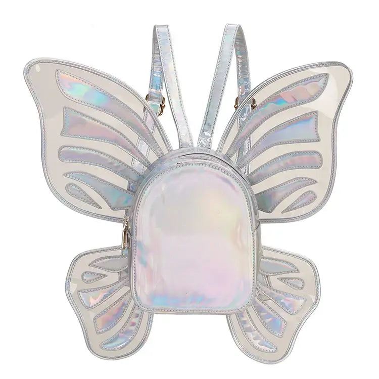 Holographic butterfly wings mini backpack with reflective stripes, perfect for festivals and parties.