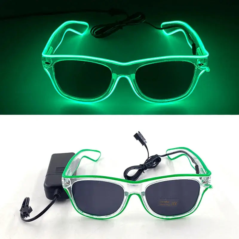 Neon green LED rave glasses with EL wire design and battery pack, perfect for parties and festivals.