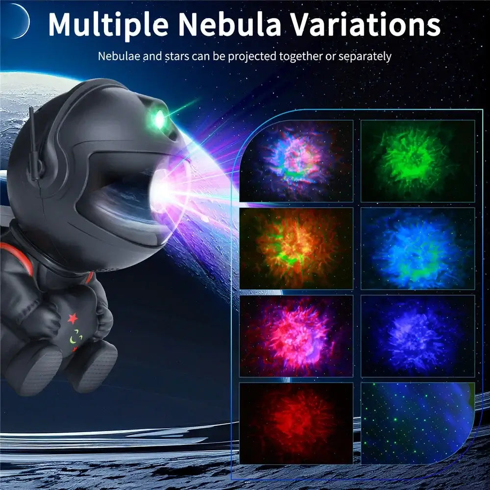 Astronaut galaxy projector showcasing multiple nebula variations and green stars for enchanting star night light effect.