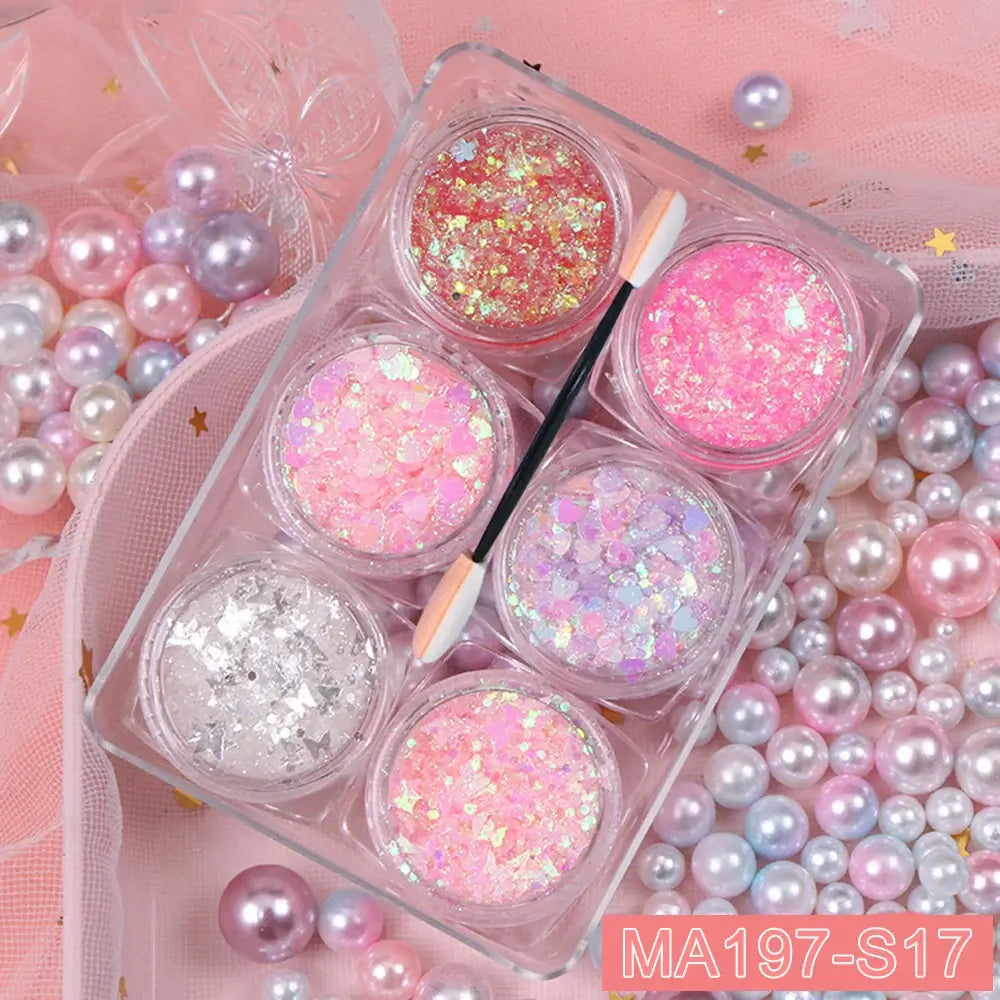 6 jars glitter gel set for festival makeup, featuring hearts, stars, moon sequins, perfect for face, hair, and body sparkle.