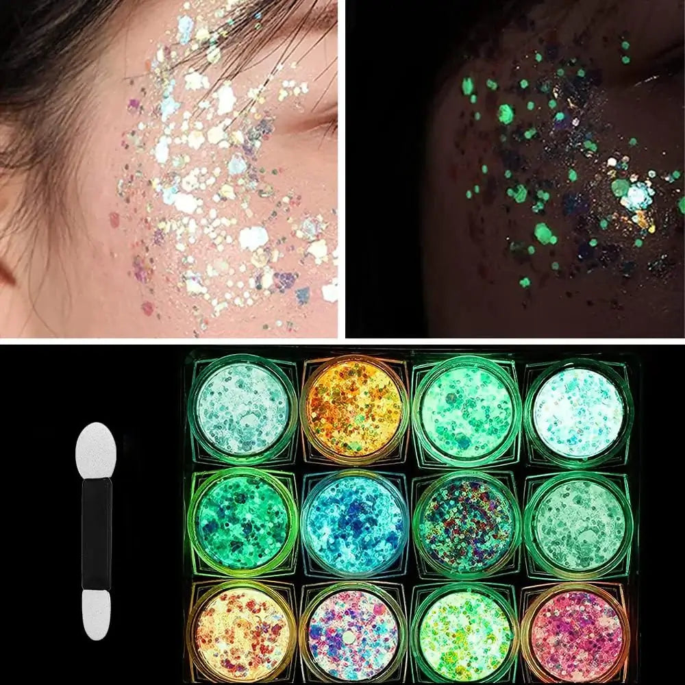 "12 Colors Body & Face Glow Glitter Gel in container and on skin, showing vibrant, UV-reactive, glow-in-the-dark glitter effect."