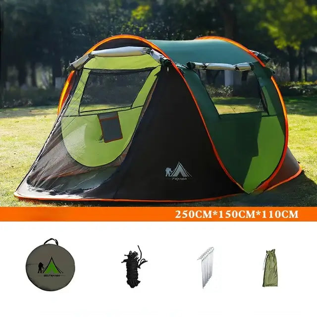 Ultralight automatic pop-up camping tent for 3-4 people, windproof and rainproof, shown with accessories and dimensions.