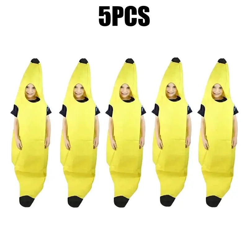 Group of five unisex adult banana costumes perfect for festivals, parties, and holiday events, showcasing a fun and humorous design.