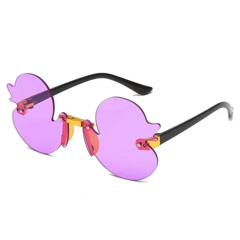 Purple duck-shaped rimless sunglasses with UV400 protection, ideal for festivals and rave parties, crafted from durable polycarbonate.