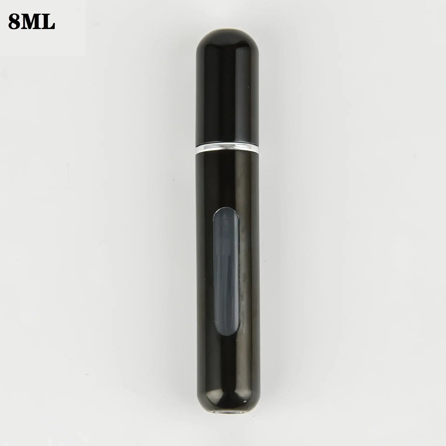 Black 8ml refillable perfume atomizer bottle for travel and daily use.