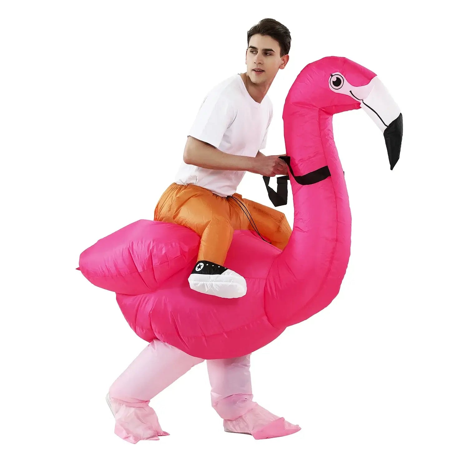 Inflatable flamingo costume worn by a man, ideal for festivals, cosplay, and parties, featuring a playful animal design and easy inflation.