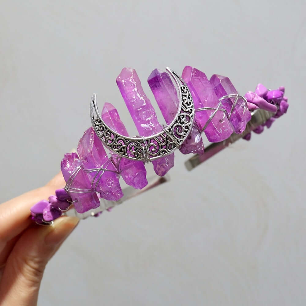 Moon-shaped purple crystal headband with elegant hollow design, perfect for special occasions and boho-chic hairstyles.