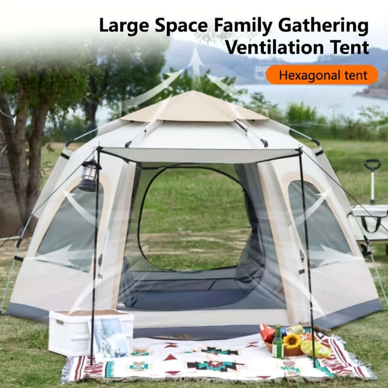 Spacious hexagonal outdoor tent with ventilation, ideal for family gatherings and camping trips in nature settings.