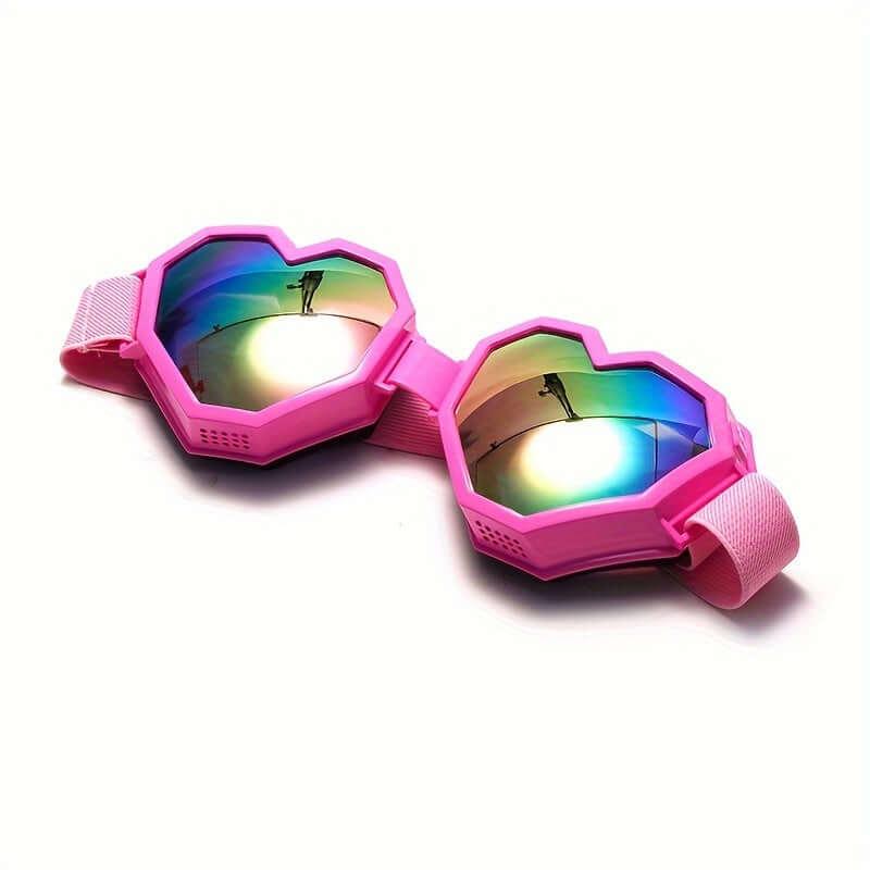 Pink oversized heart-shaped Y2K glasses with mirrored lenses, ideal for rave parties and festivals.