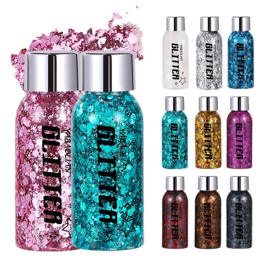 Colorful mermaid sequin glitter gel bottles in various vibrant shades for festival makeup.