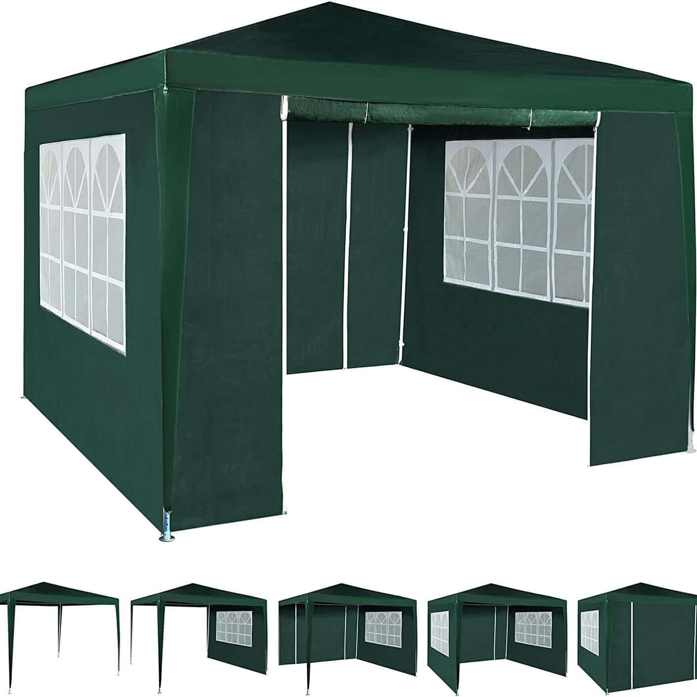 Green 3x3M waterproof event gazebo with 4 removable side panels, featuring sturdy rustproof steel frame and PE fabric cover.