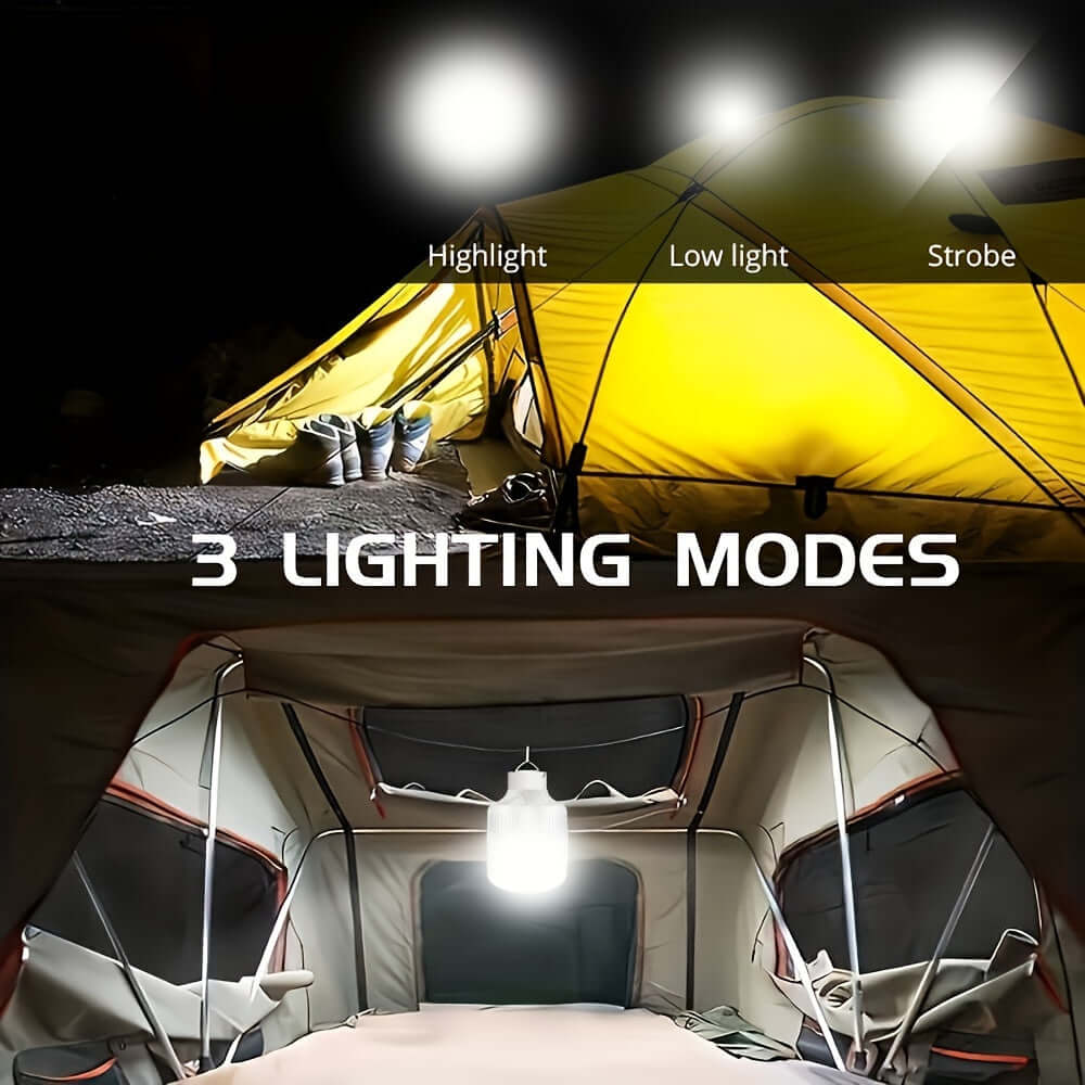 Moesdal LED camping lantern displaying three lighting modes: highlight, low light, and strobe inside a tent.