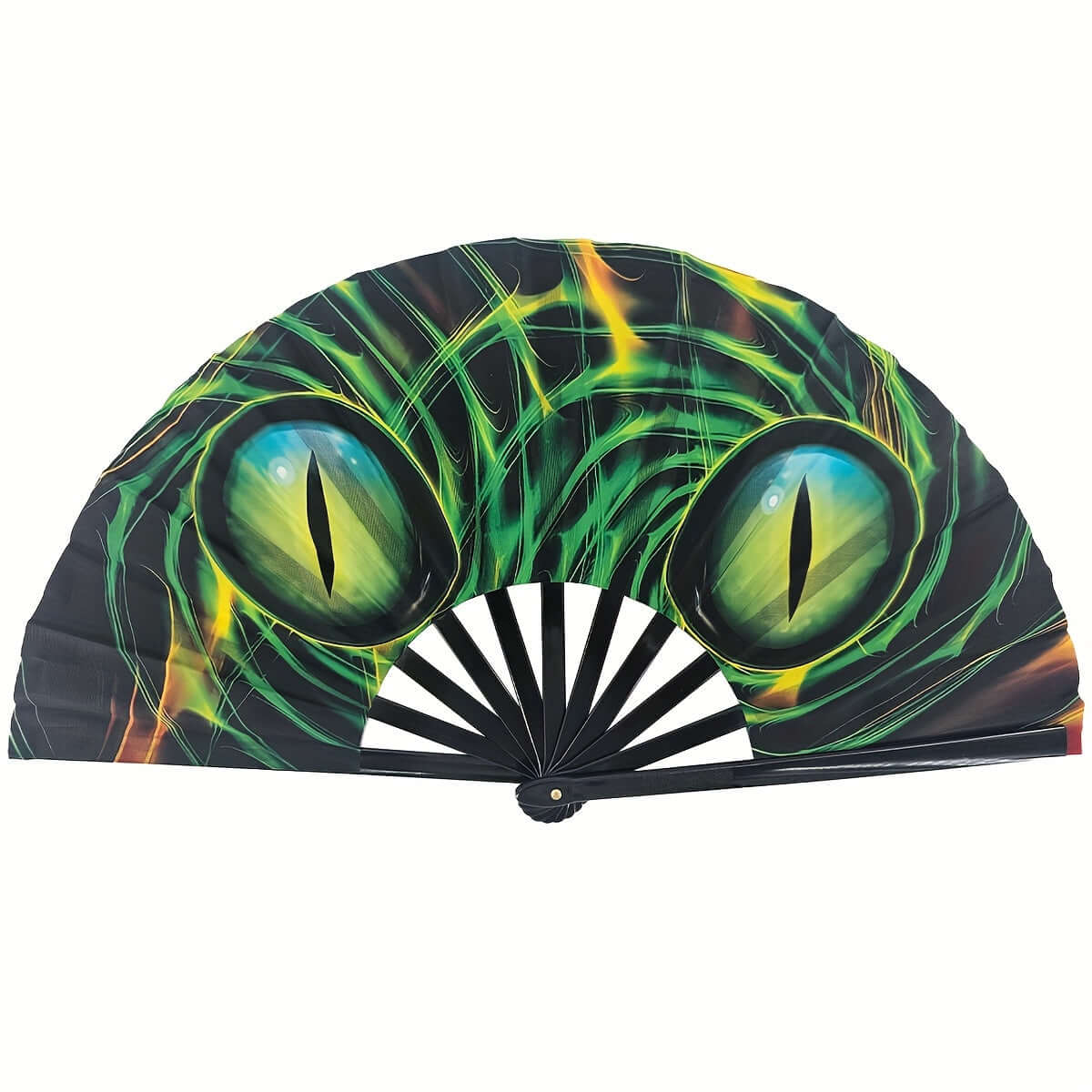 Large fluorescent folding fan with vibrant green and yellow eye design, perfect for rave parties and festivals.