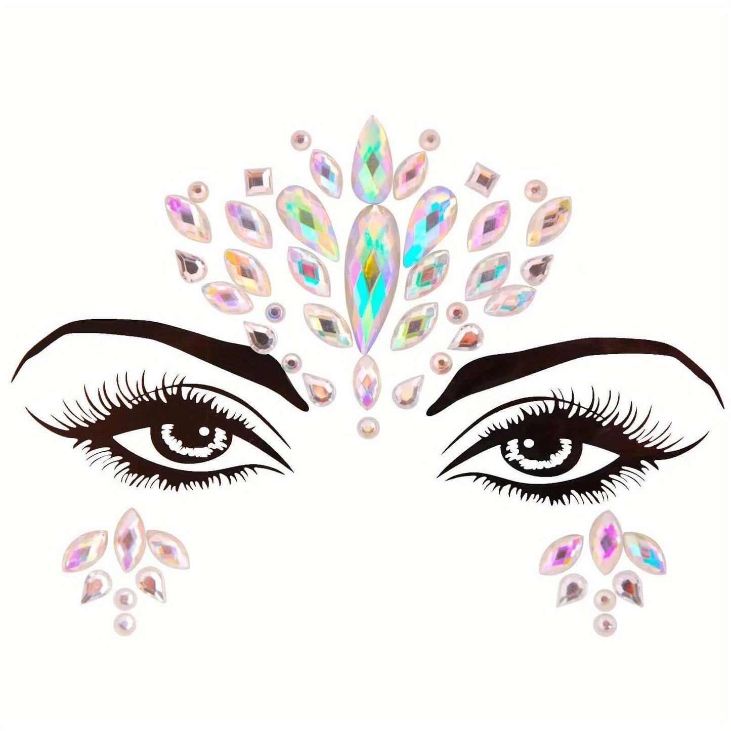 3D crystal tattoo face stickers with artificial diamond effect for masquerade parties and festivals, featuring sparkling gems.