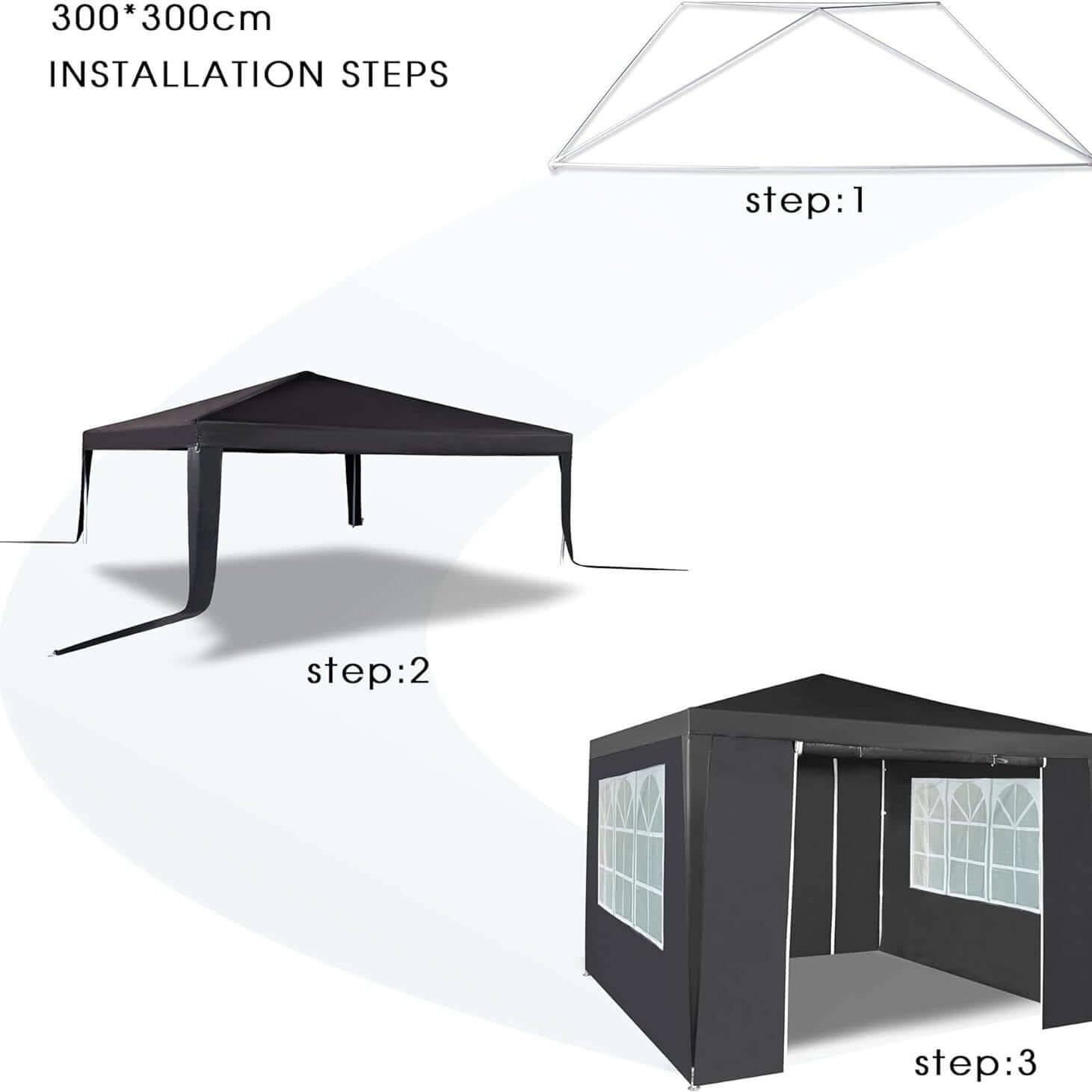 Installation steps for 3x3M sturdy event gazebo with 4 side panels showing frame assembly, roof placement, and completed tent setup.