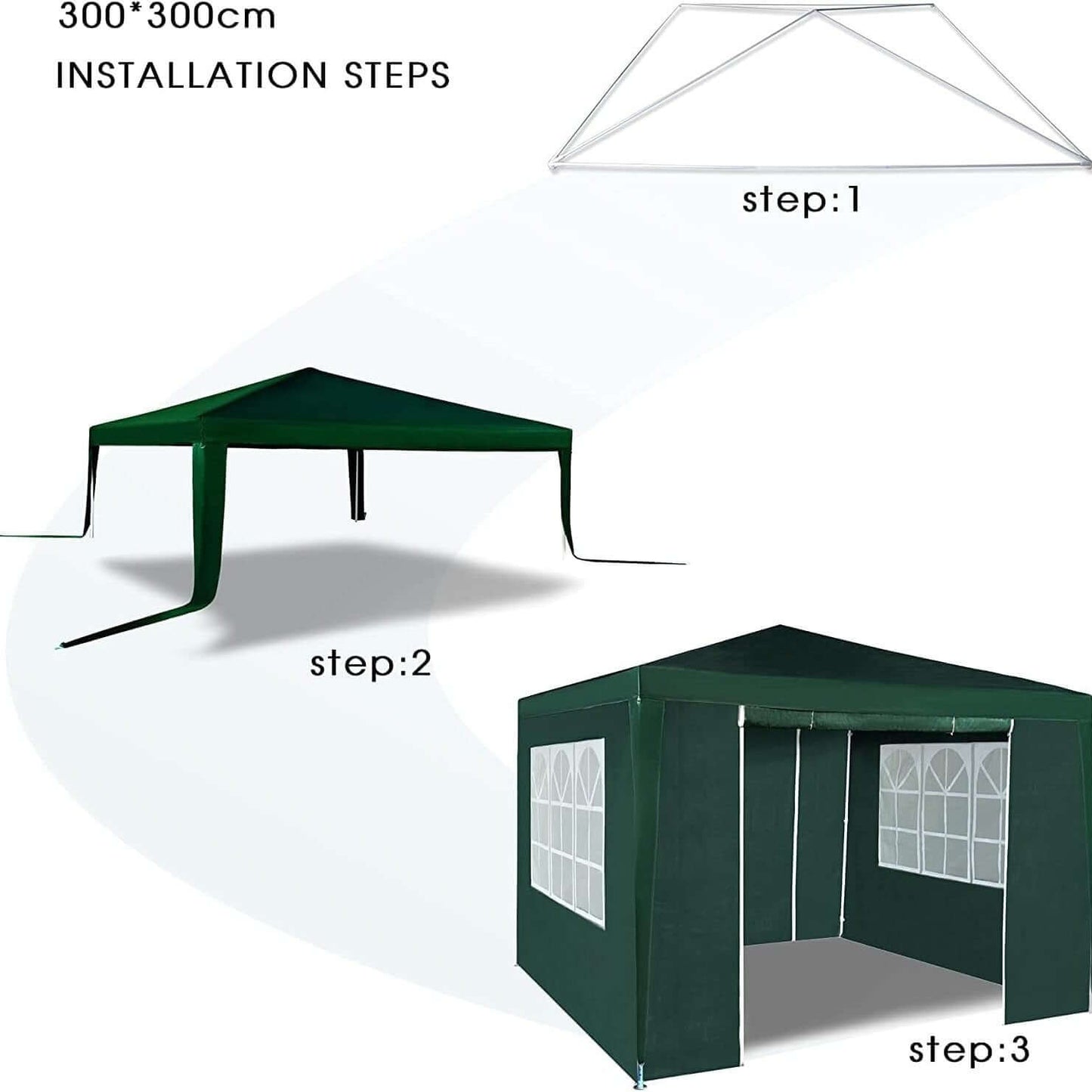 Installation steps for 3x3M waterproof party tent with sturdy structure and removable side panels.