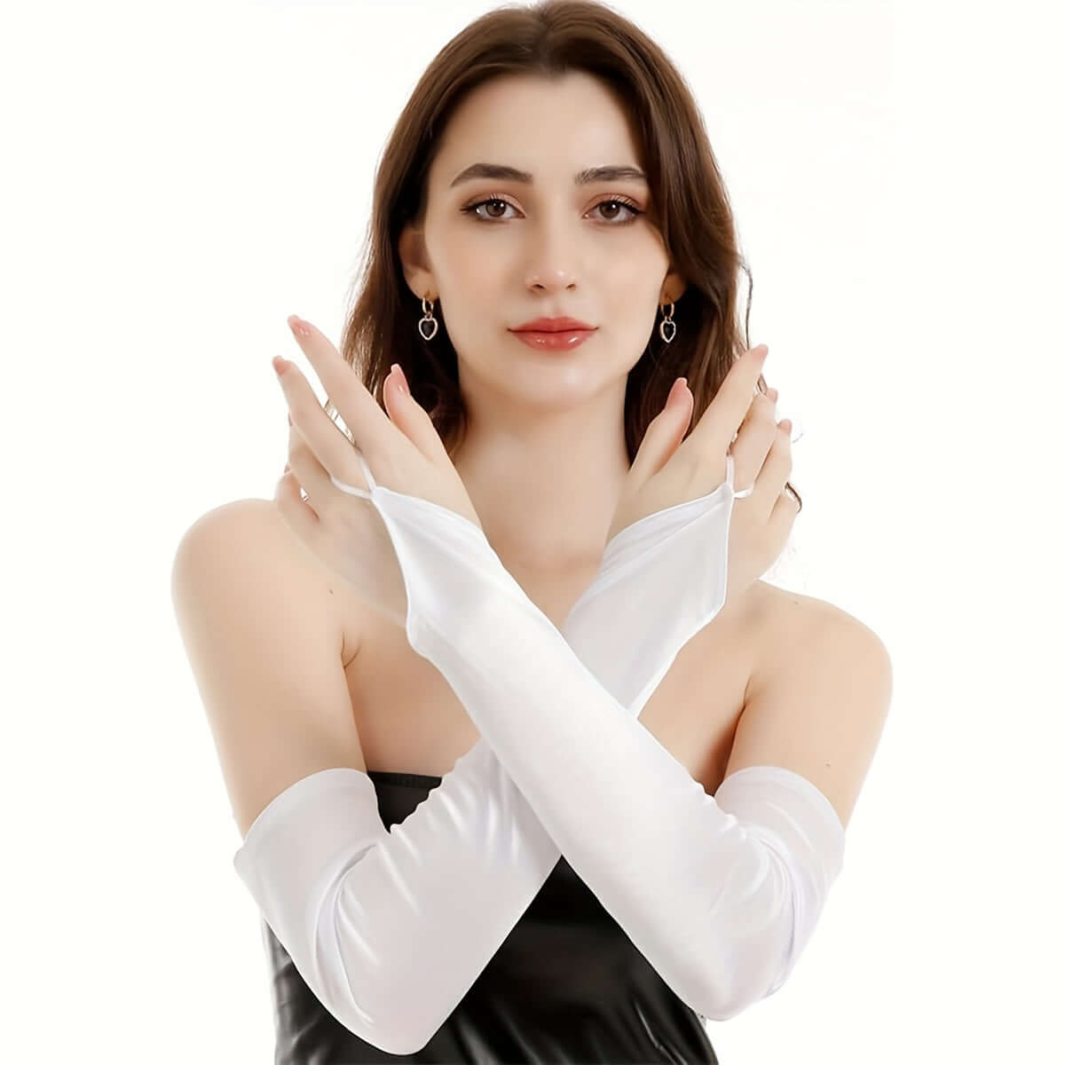 Elegant woman wearing white fingerless satin gloves for cosplay and rave events.