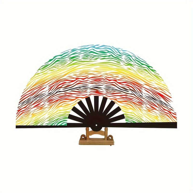 Chic zebra print rainbow folding fan on stand, 27.94cm handheld accessory for parties and dance events.