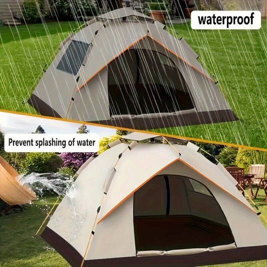 Waterproof camping tent with UV protection and carbon-fiber poles, demonstrating rain resistance and quick automatic setup.