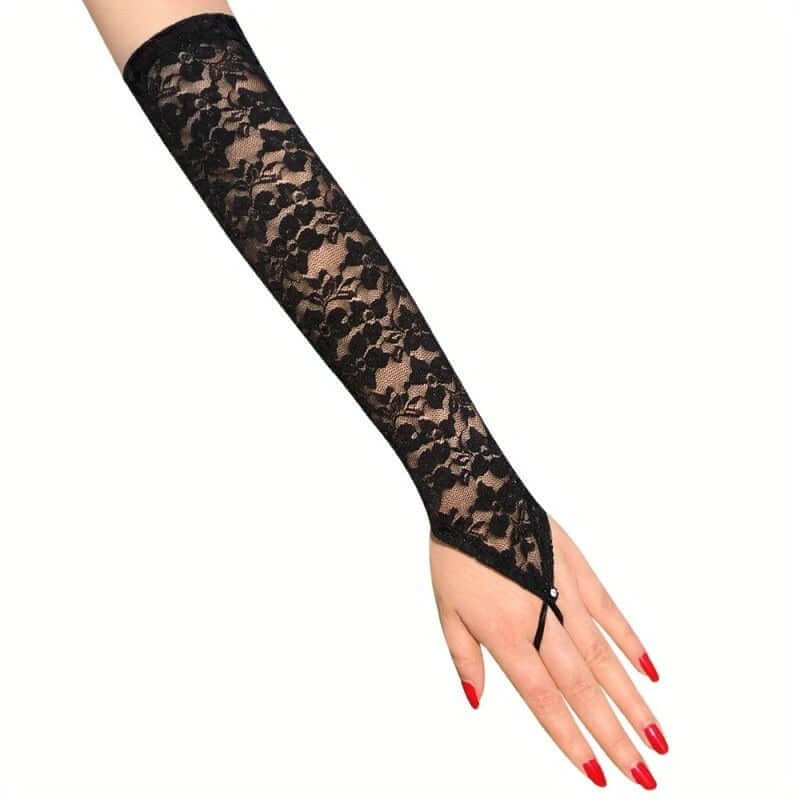 Elegant floral lace fingerless glove in black tulle mesh, showcasing sophisticated design and versatility for women's fashion.