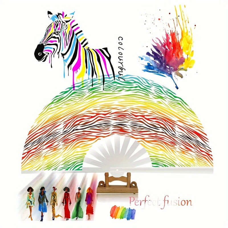 Chic zebra print rainbow folding fan with vibrant colors, featuring a zebra and artistic design, perfect accessory for parties and events.