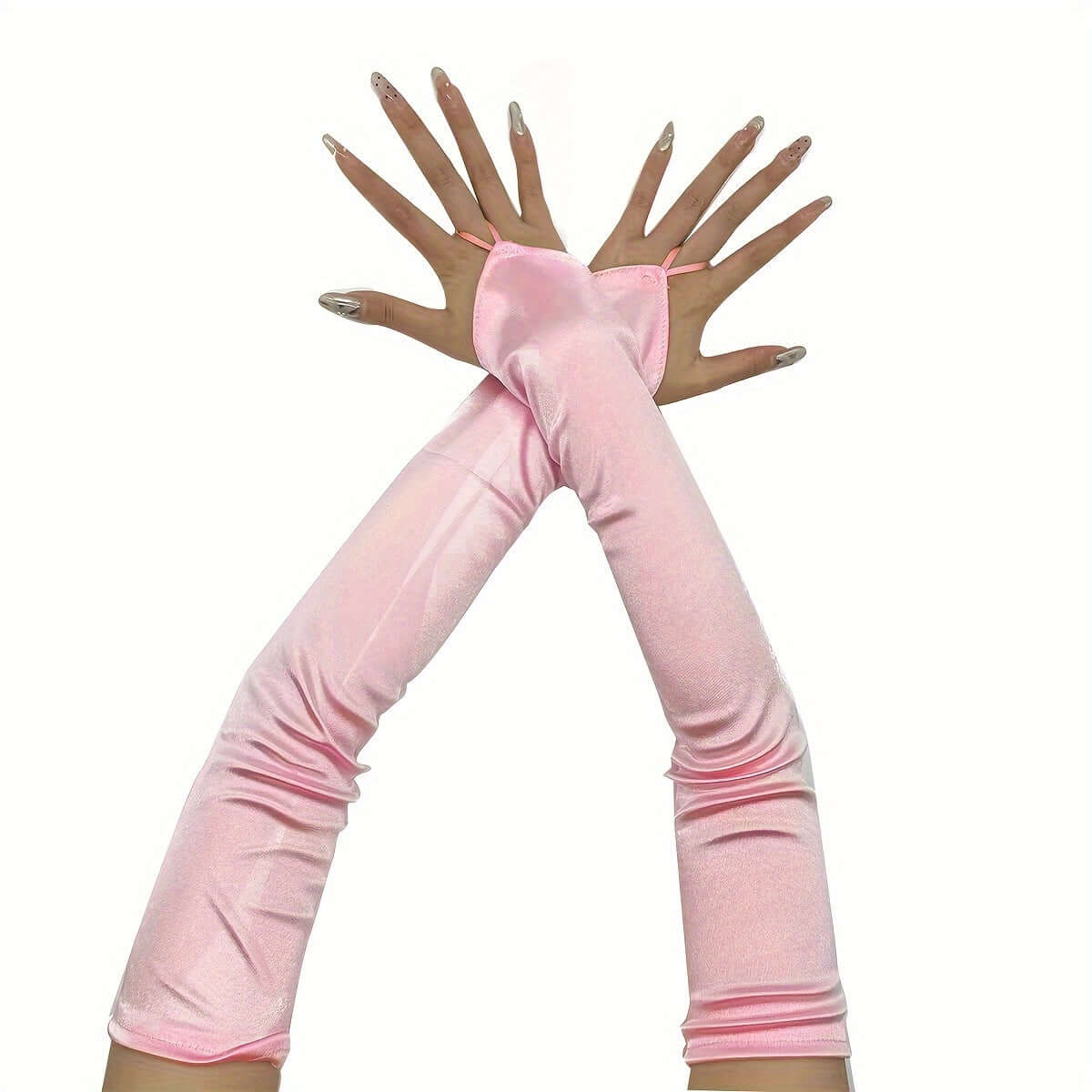 Elegant pink fingerless satin gloves for cosplay, perfect for costumes, opera, and rave events.