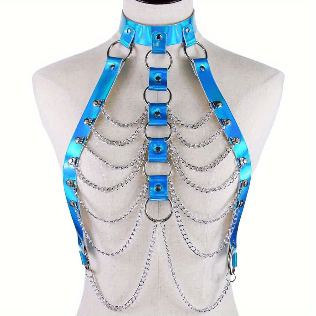 Blue laser PU leather harness with multilayer chains for festival outfits, edgy party jewelry, and unique accessory for raver