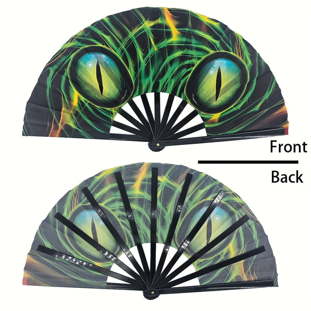 Large fluorescent fan with eye-catching design showcasing vibrant reptile eyes, ideal for rave parties and festivals.