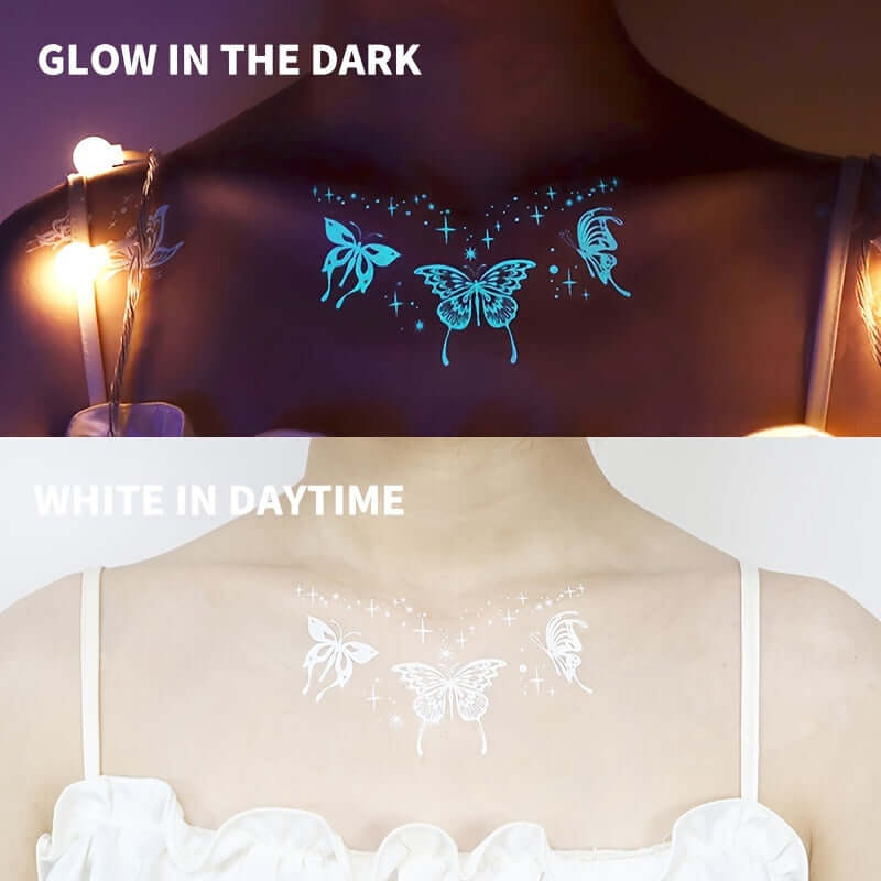 Glow-in-the-dark butterfly, moon, and star tattoos on chest, vibrant at night and white in daylight, perfect for festivals and parties.