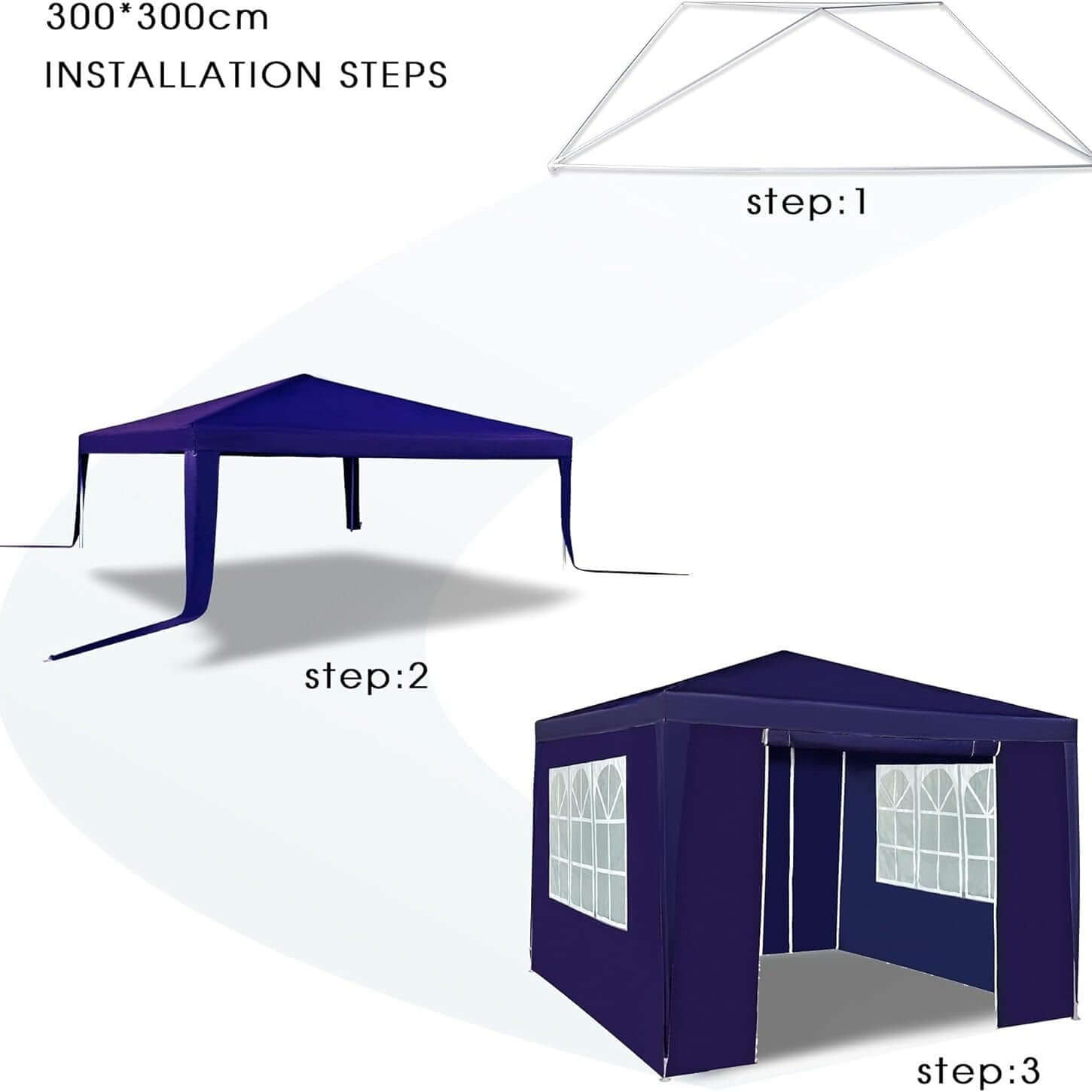 Gazebo installation steps for 3x3M waterproof party tent with side panels, showing steel frame, canopy setup, and complete structure.