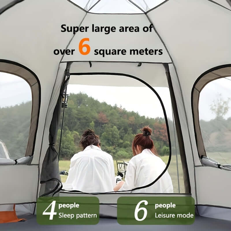 Interior view of portable outdoor tent with two people, showcasing spacious 6 square meters area, ideal for camping and leisure.