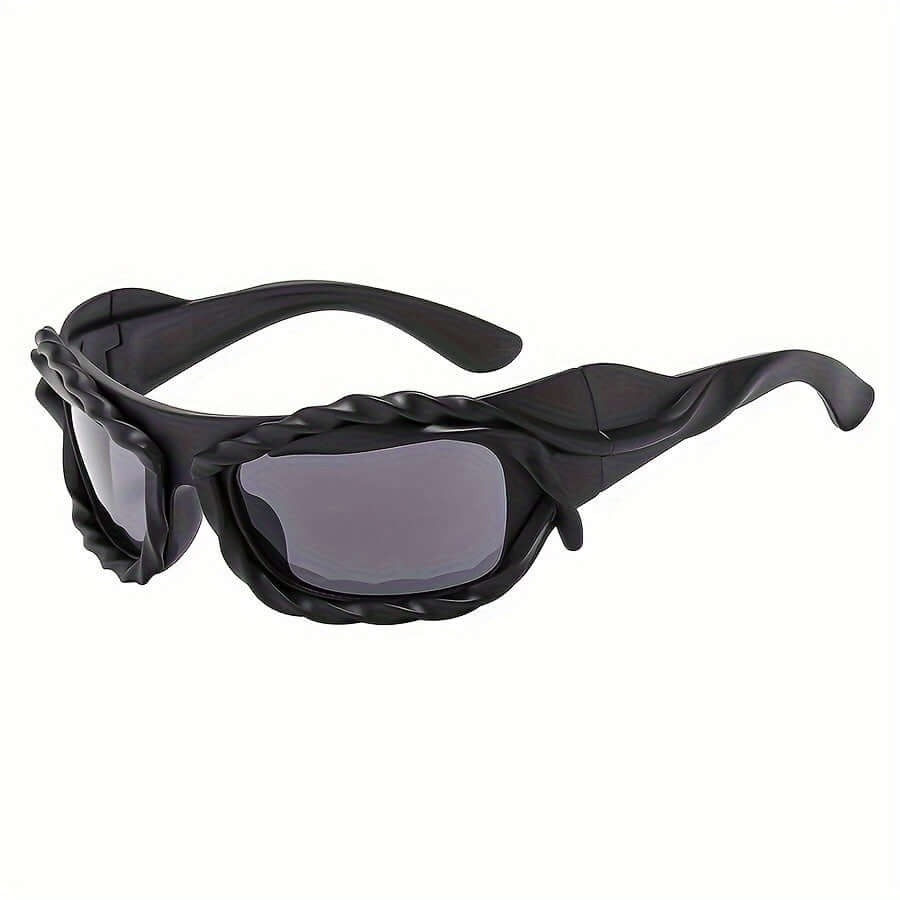 Y2K-inspired black wrap-around sunglasses with bold design and mirrored lenses for raves and outdoor events.