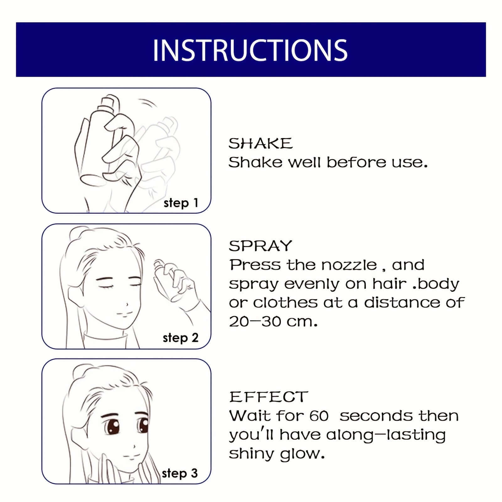 Instructions for applying Shimmer Silver Glitter Hairspray, including shaking, spraying, and achieving long-lasting shiny glow.