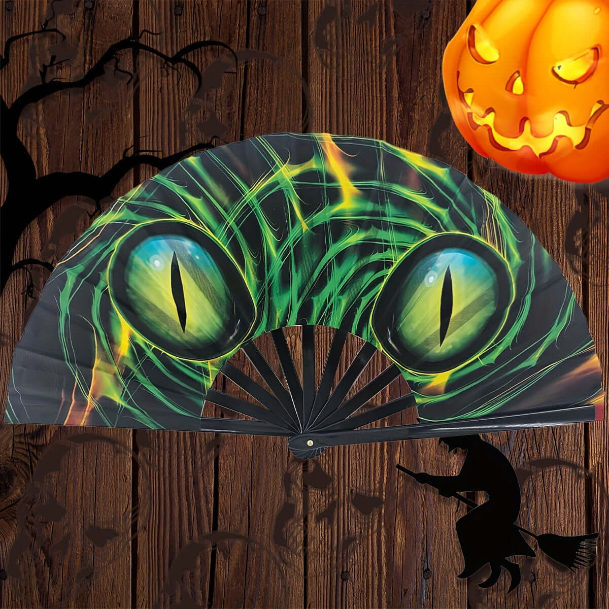 Large fluorescent folding fan with striking eye design, perfect for rave parties, festivals, and Halloween-themed events.