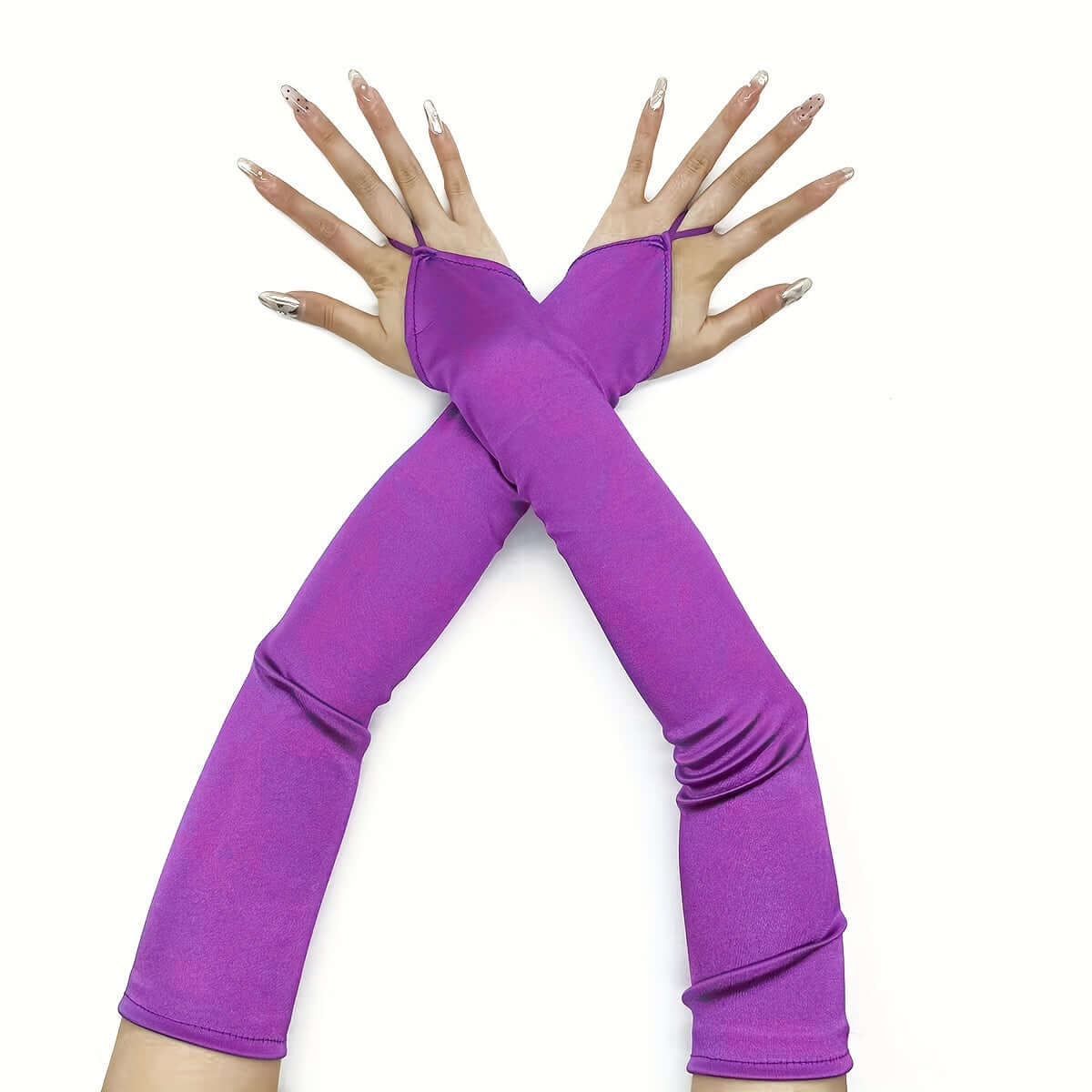 Purple fingerless satin gloves for cosplay and raves, enhancing hand elegance with stretchy, high-quality fabric.