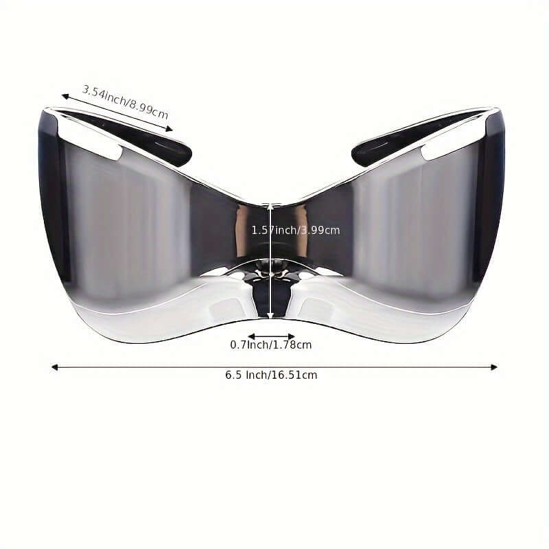 Y2K cyberpunk shield sunglasses with mirror lens, showcasing dimensions and futuristic design for parties and festivals.