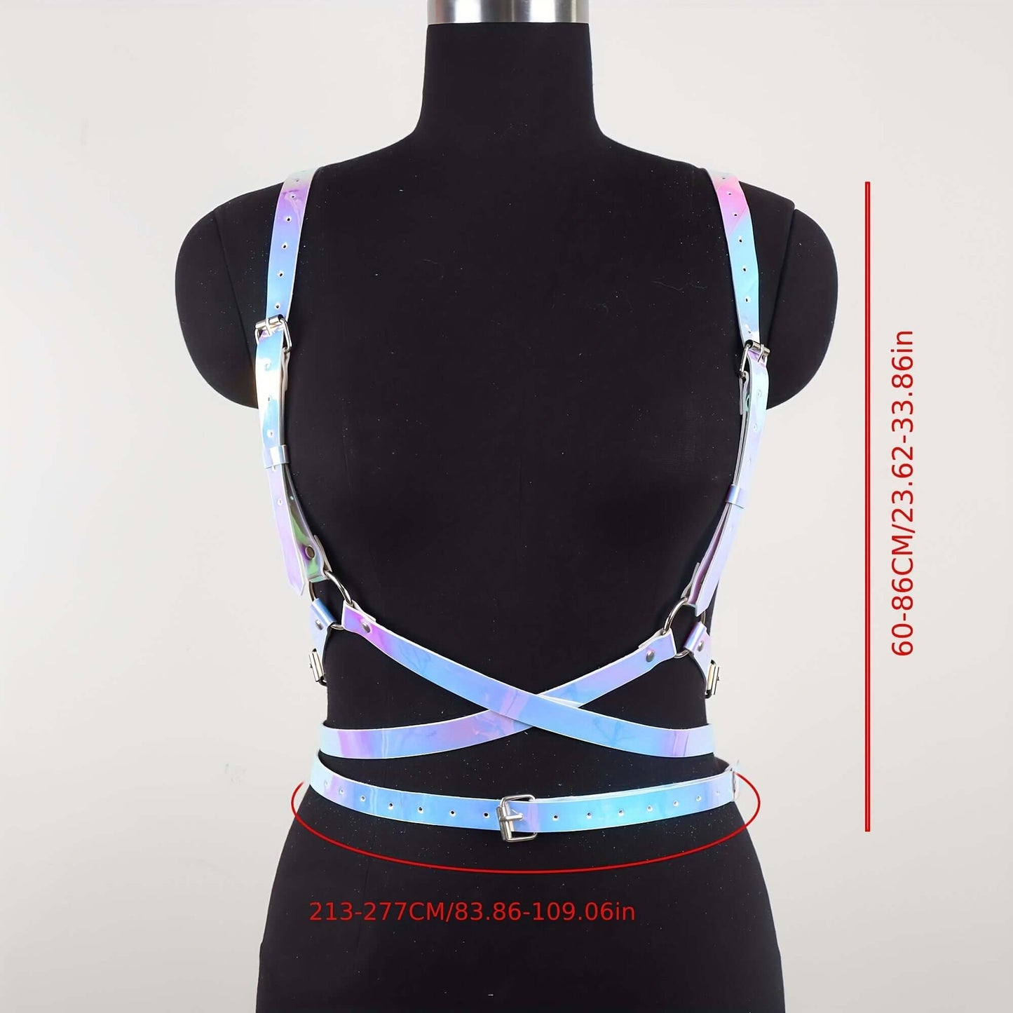 Street punk rainbow gradient blue leather harness with rivets, featuring angel wing design, ideal for festival and casual outings.