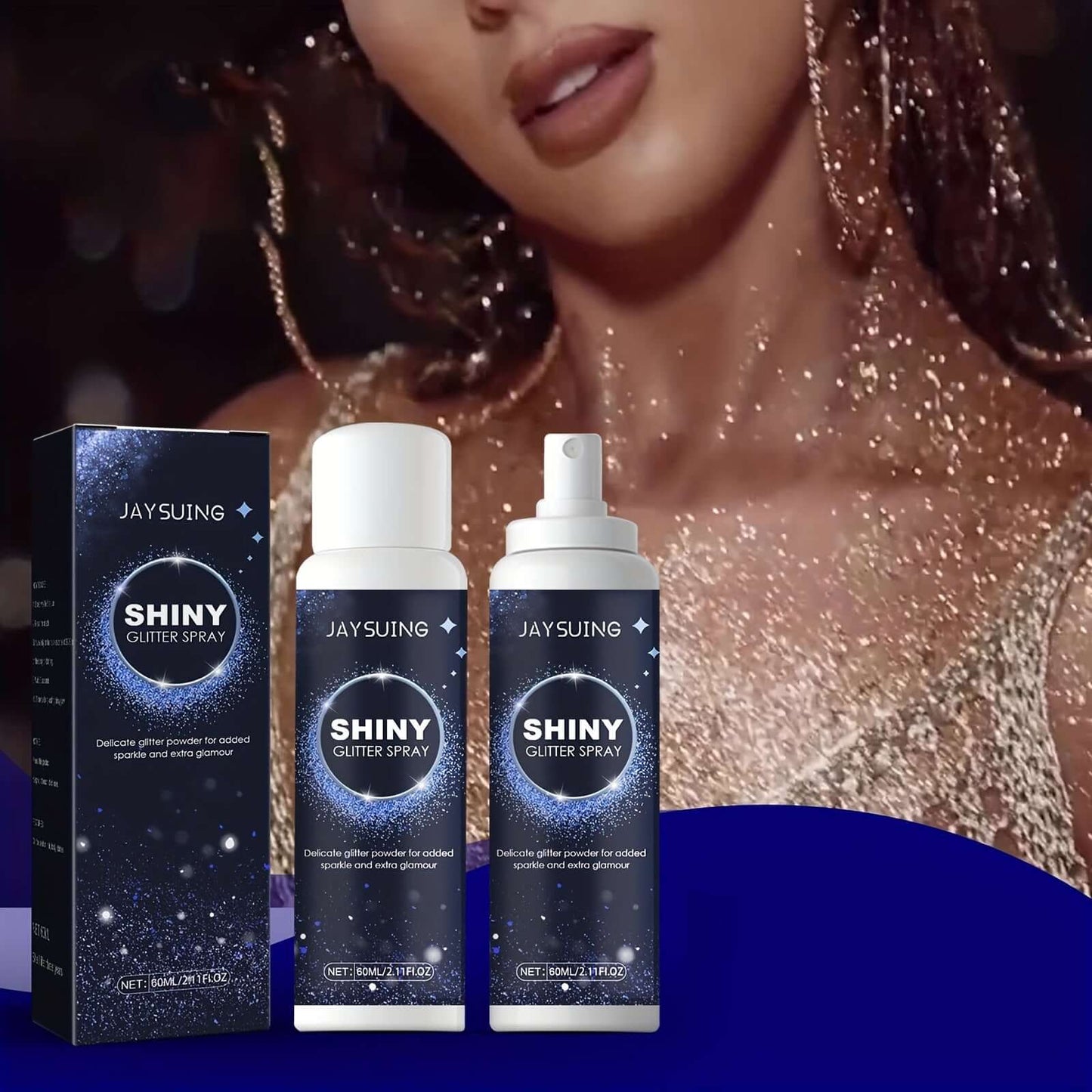 Shimmer Silver Glitter Hairspray showcased with sparkling effect on hair and body, perfect for parties and festivals.