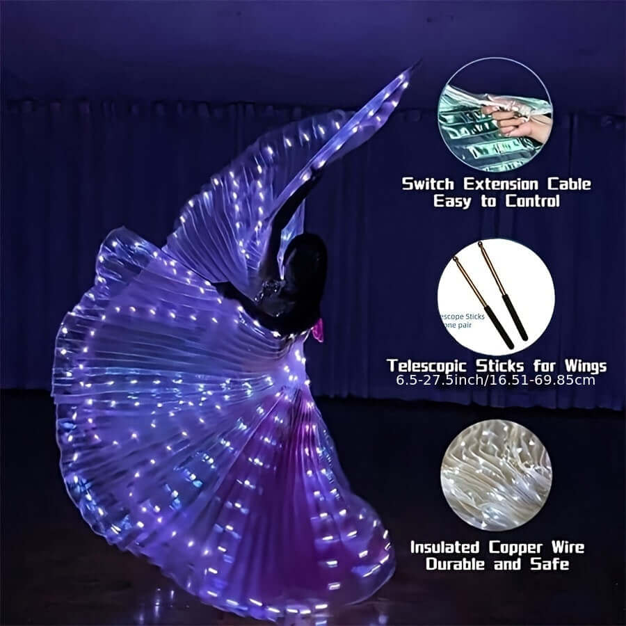 LED butterfly wings with 304 white lights, adjustable collar, free batons for dance performances, depicting easy control and safety features.