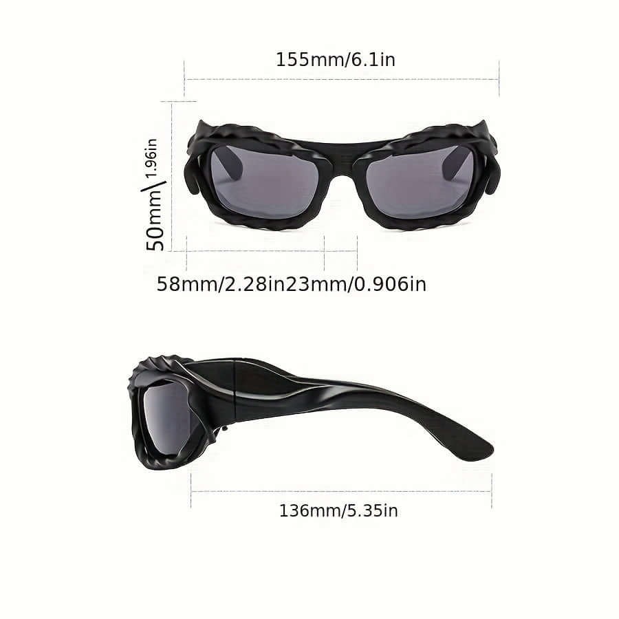 Black Y2K wrap around punk sunglasses with mirrored lenses and measurement details in millimeters and inches.