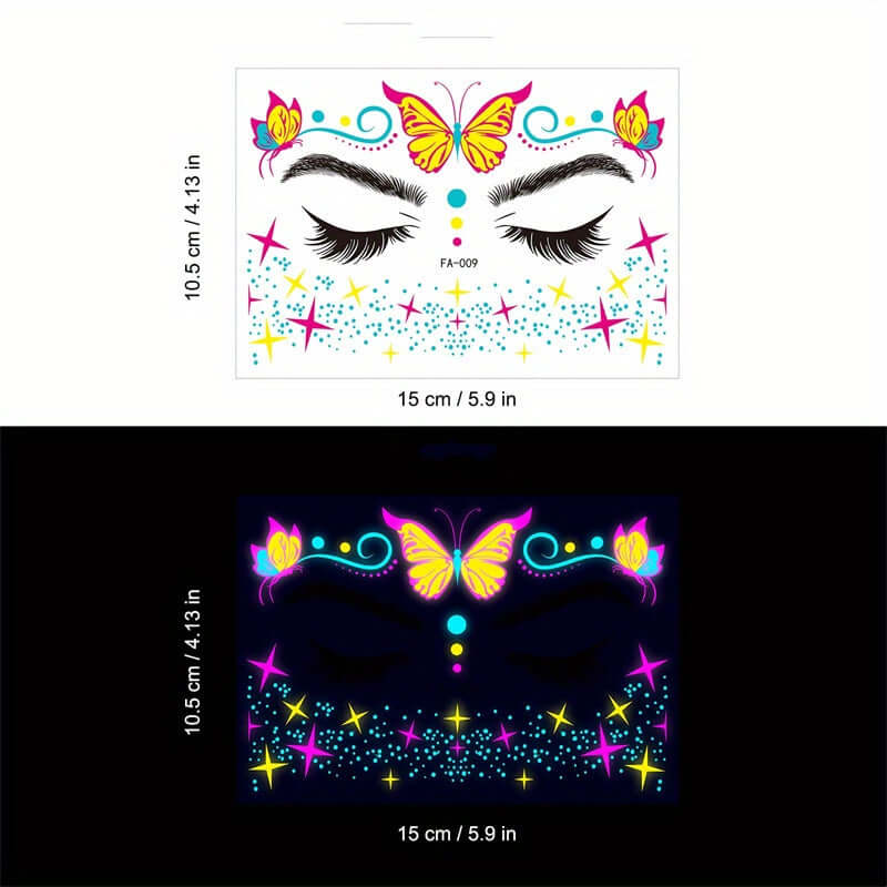 Neon butterfly face stickers glowing under UV light, waterproof and durable for festivals, easy application and removal.