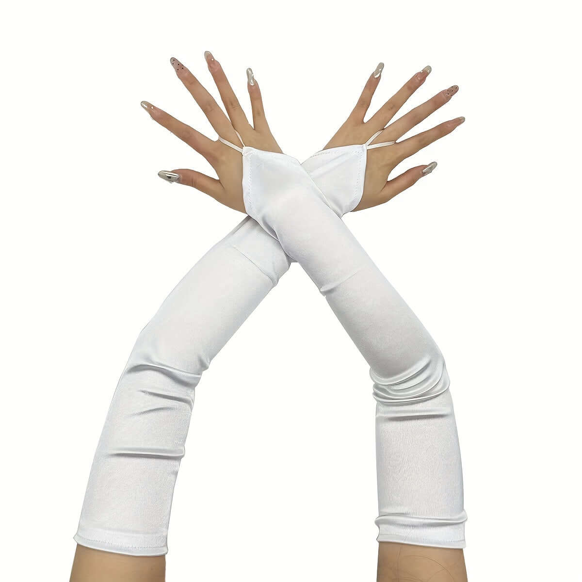 White fingerless satin gloves for cosplay and rave events showing elegant design and freedom of movement.