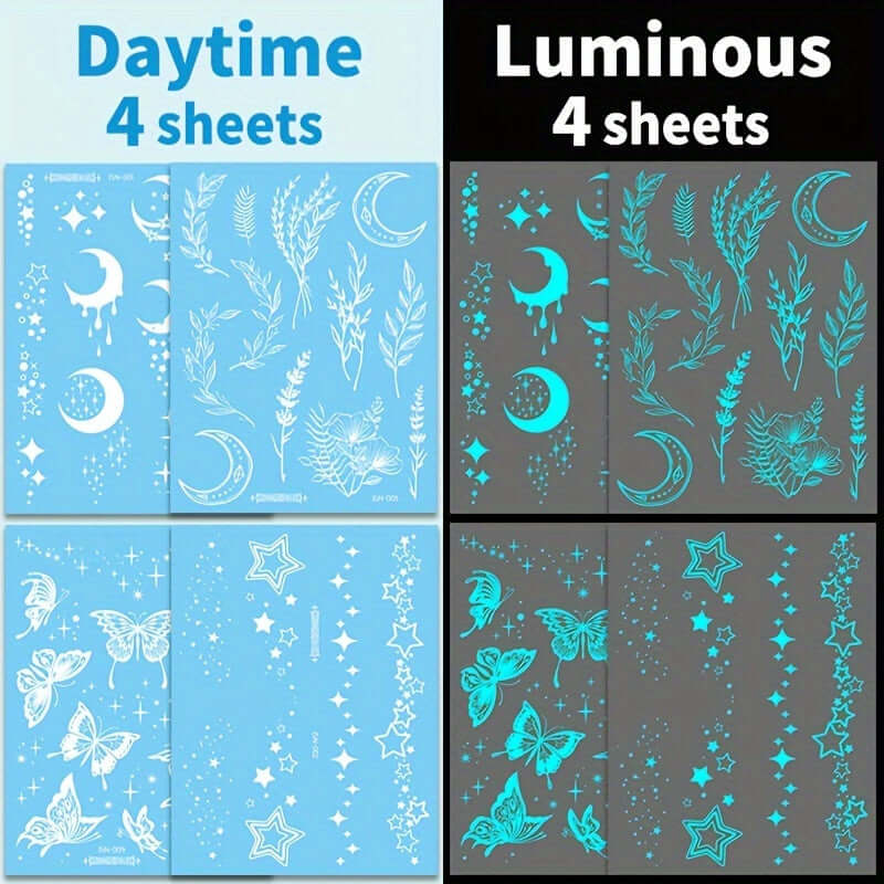 Glow-in-the-dark moon and star tattoo stickers with butterfly and flower designs for parties and festivals, 4 sheets.