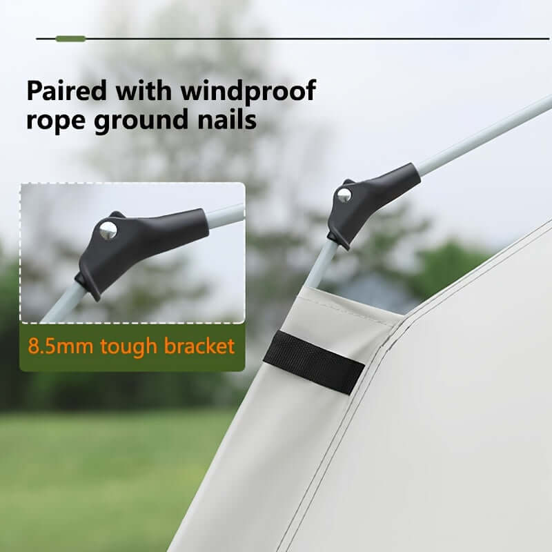 Durable outdoor tent with windproof rope ground nails and 8.5mm tough bracket for stability and easy setup.