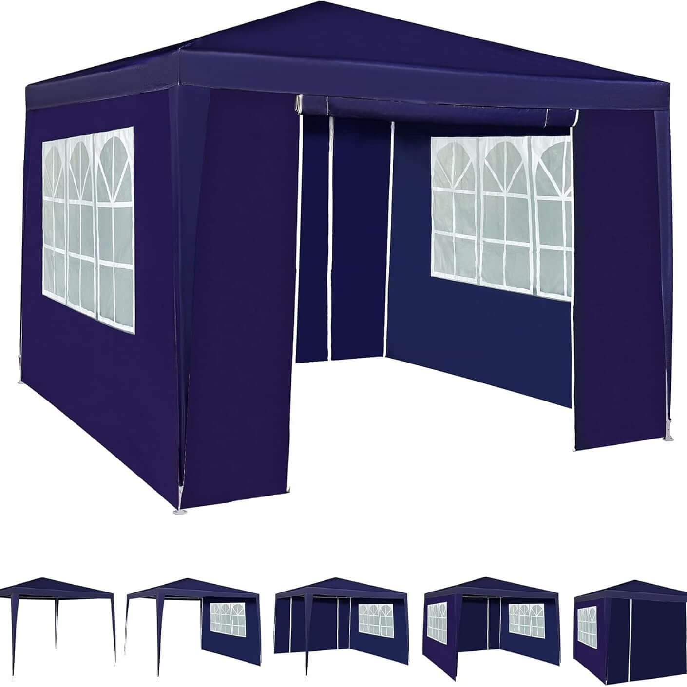 Blue 3x3M sturdy event gazebo with detachable sides and zippered doorway, featuring waterproof PE fabric for outdoor events.