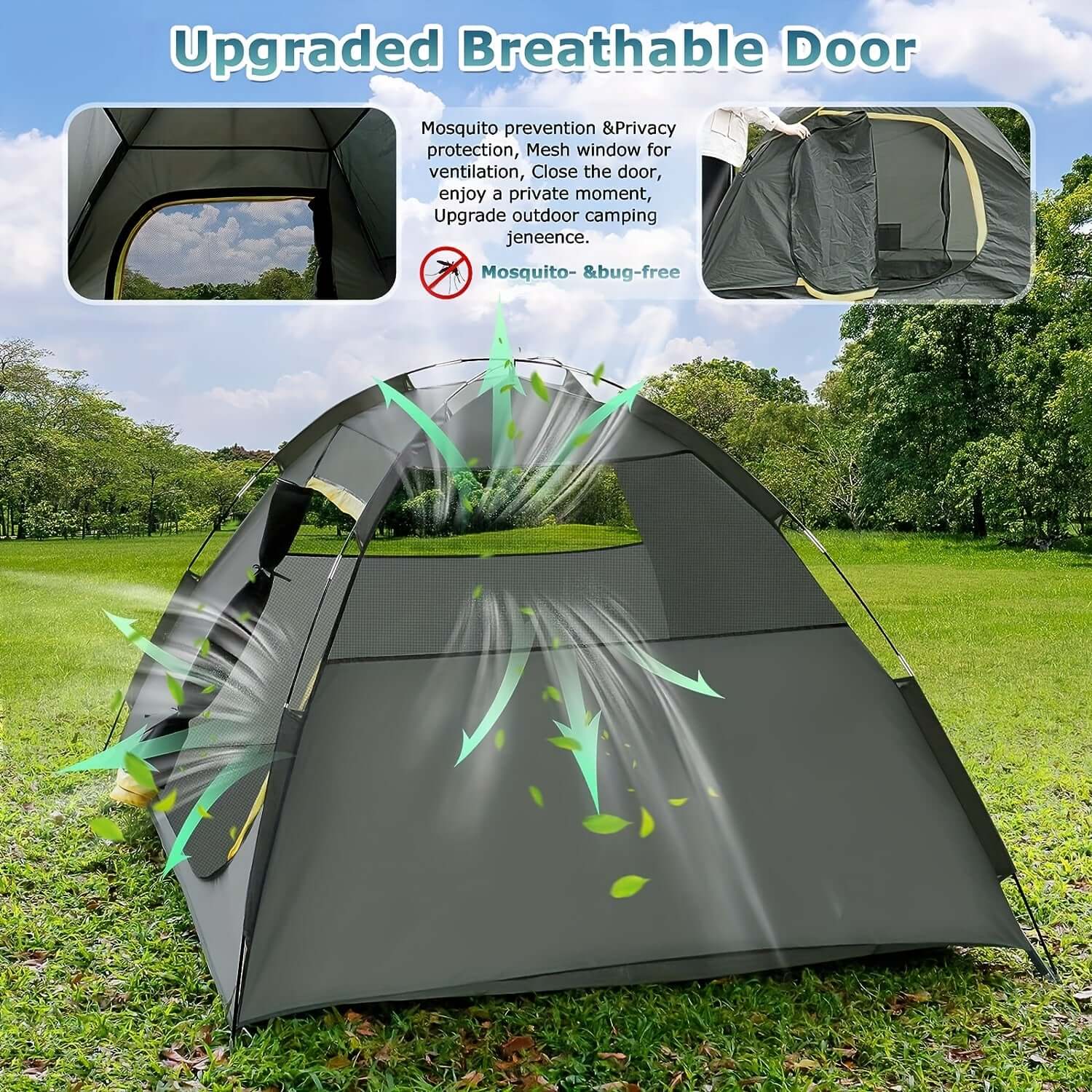 Dome camping tent with upgraded breathable door, showcasing ventilation and mosquito-free features on a grassy field.