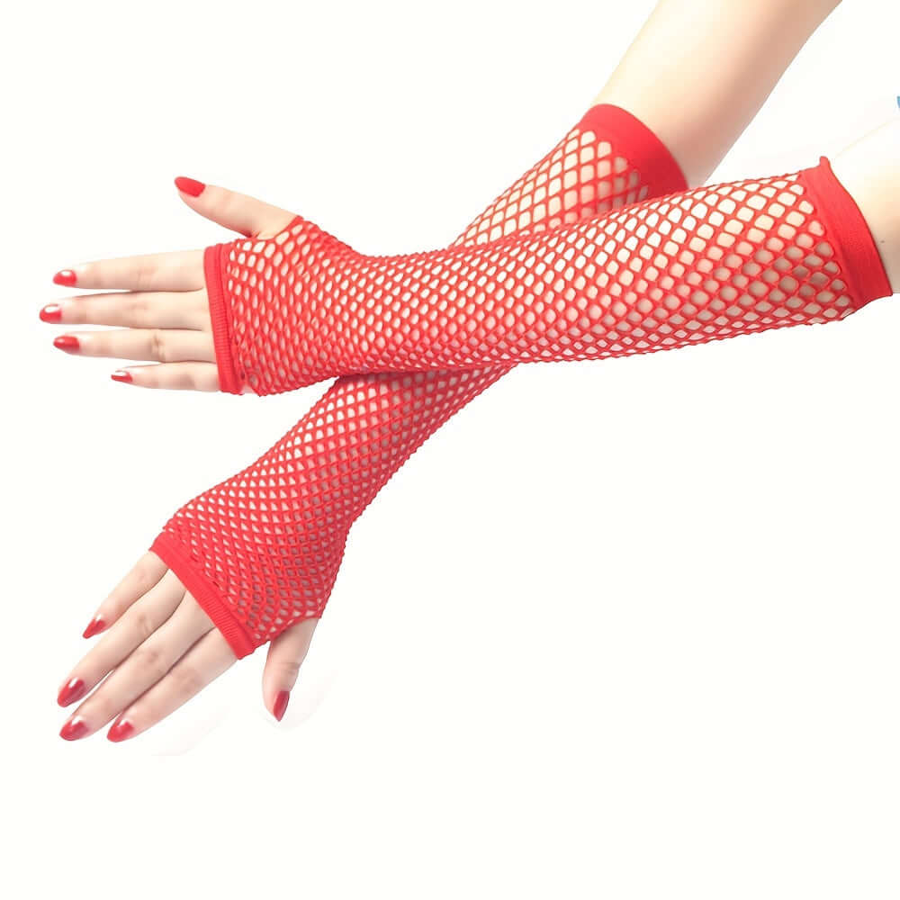 Red fingerless mesh fishnet lace gloves, stylish and edgy for rave, festival, or cosplay events. Ideal for parties and dancing.