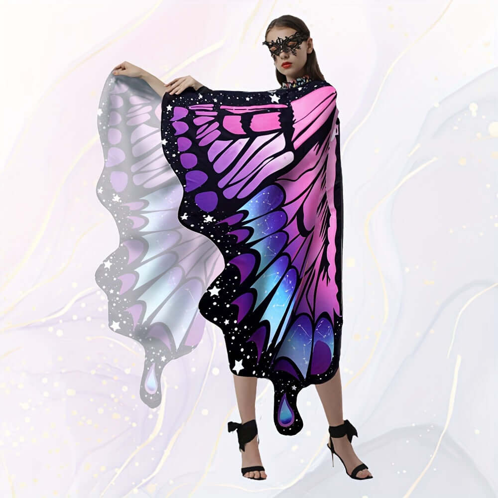 Vibrant butterfly wings shawl festival costume for fairy or pixie look with adjustable straps, perfect for raves or parties.